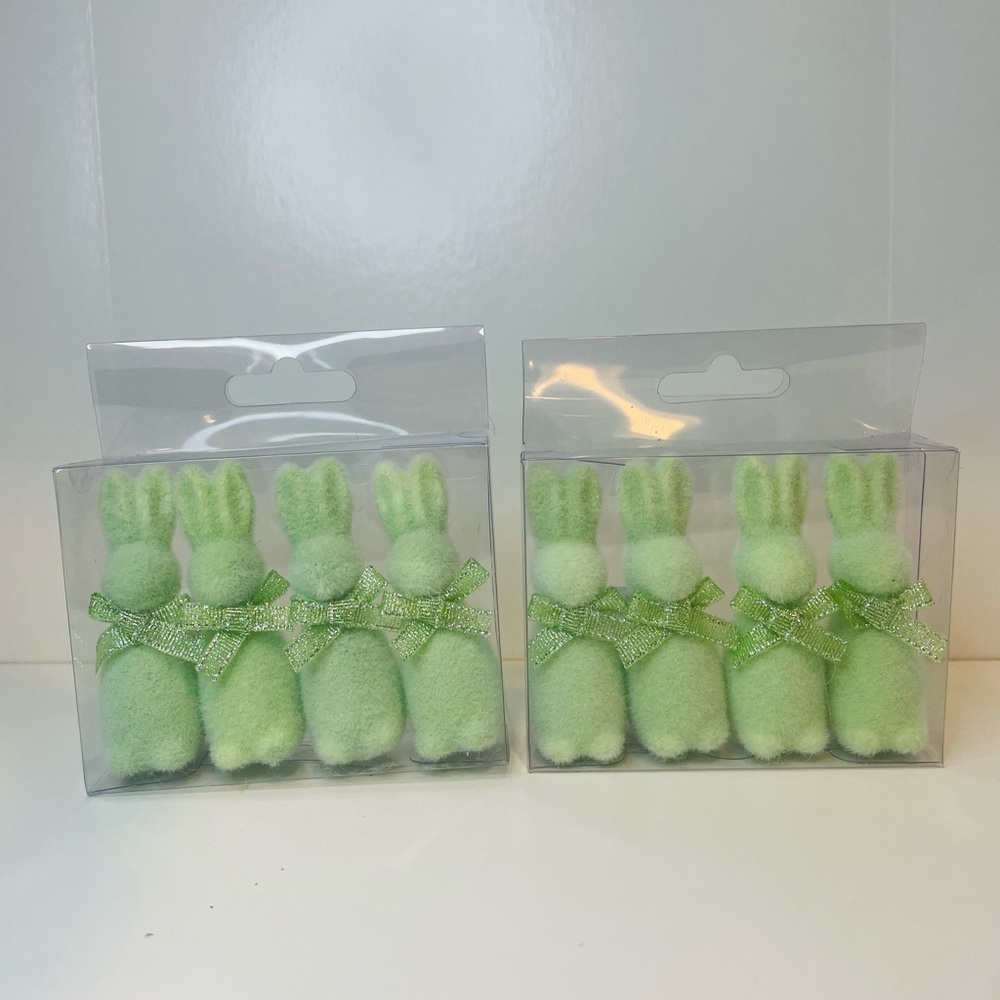 Easter Mint Green Flocked Bunny with Bow, NWT Two 4pks,8 Bunny Rabbits